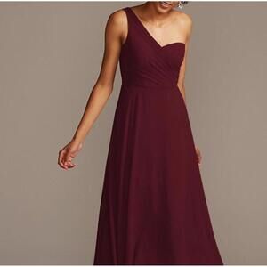 DAVIDS BRIDAL DB Studio burgundy one shoulder maxi bridesmaids dress sz 14